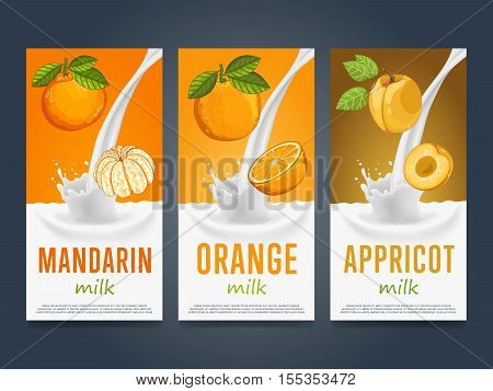 Milkshake concept with milk splash and fruit vector illustration. Milk dessert, yogurt, fruit mix, cocktail drink, fruit smoothie with mandarin, orange and apricot packaging design. Dairy product.