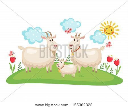Happy Goat family on a meadow with flowers and butterflies isolated on white background. Farm animal. Goats and goatling in cartoon style. Family concept. Vector illustration.