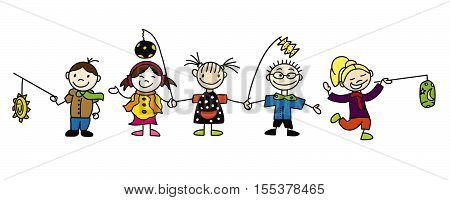 Various Doodle Sketched Kids With Latern