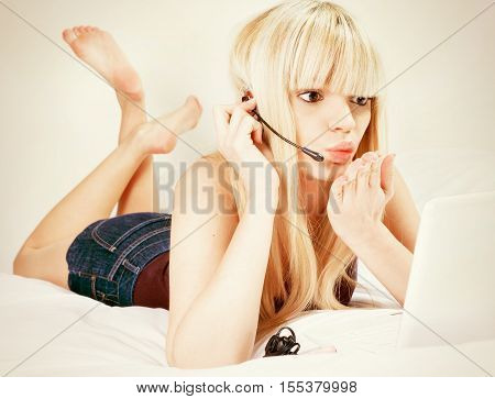 Young sexy woman flirts on cam at home