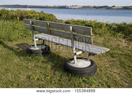  Bench on recycled tires in Boager near the sea, Denmark