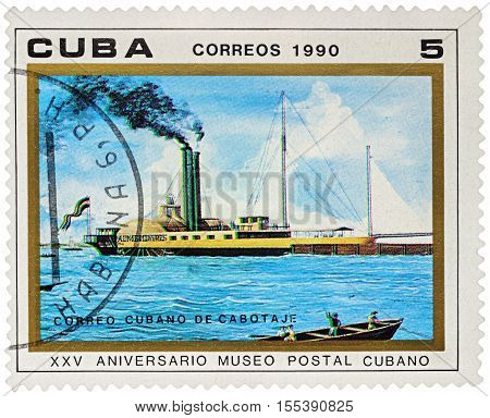 MOSCOW RUSSIA - NOVEMBER 06 2016: A stamp printed in Cuba shows old paddle steamer 