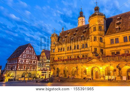 Rothenburg City hall of historic town at Rothenburg ob der Tauber, Franconia, Bavaria, Germany sunset