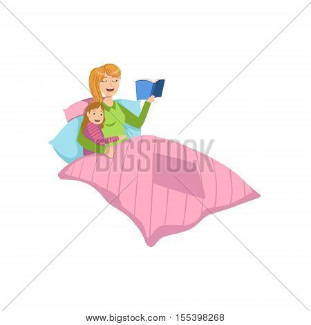 Mother And Child Reding Bedtime Story Together Illustration. Cute Simple Cartoon Style Drawing Of Single Mom And Her Kid Pastime.