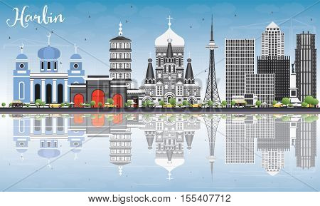 Harbin Skyline with Gray Buildings, Blue Sky and Reflections. Vector Illustration. Business Travel and Tourism Concept with Historic Architecture. Image for Presentation Banner Placard and Web Site.