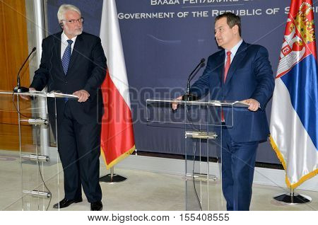 Belgrade Serbia. September 30th 2016: Poland Minister of Foreign Affairs Witold Waszczykowski in the Official visit to Republic of Serbia meeting with Minister of Foreign Affairs of Republic of Serbia Ivica Dacic