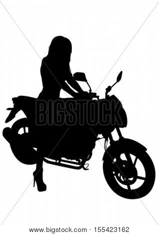 Silhouettes of motorcycl and baeuty women on white background