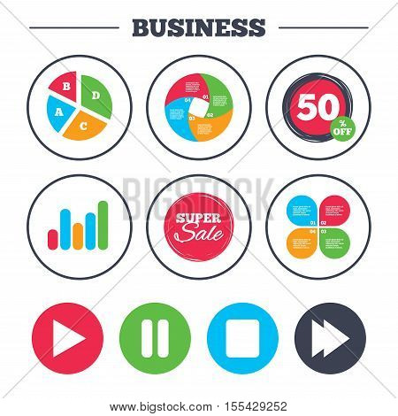 Business pie chart. Growth graph. Player navigation icons. Play, stop and pause signs. Next song symbol. Super sale and discount buttons. Vector
