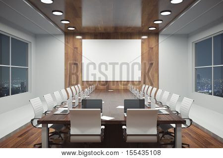 Contemporary conference interior with blank wooden wall equipment and night city view. Mock up 3D Rendering