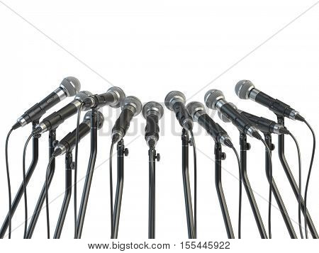 Microphones prepared for press conference or interview  isolated on white. 3d illustration