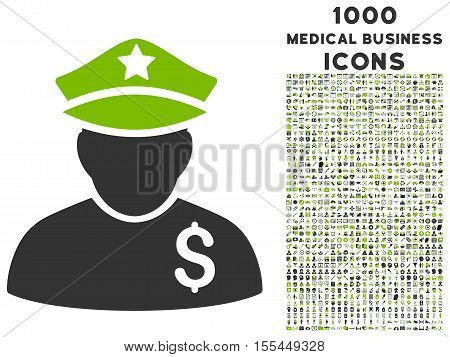 Financial Policeman vector bicolor icon with 1000 medical business icons. Set style is flat pictograms, eco green and gray colors, white background.