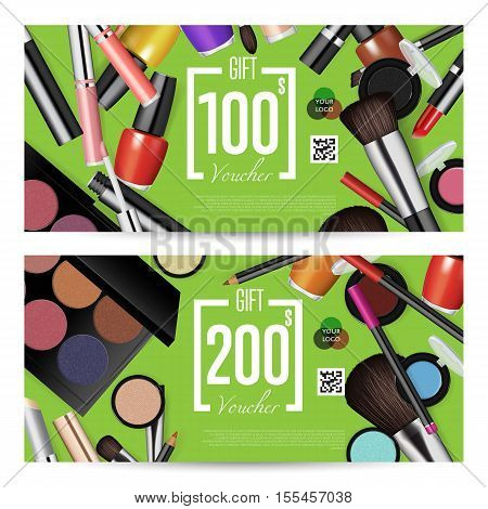 Cosmetic voucher template vector. Gift voucher layout or discount voucher. Special offer coupon or gift voucher. Cosmetic voucher layout. Fashion voucher. Cosmetics product sale voucher. Promo voucher. Design of voucher. Promo coupon or voucher. Voucher.