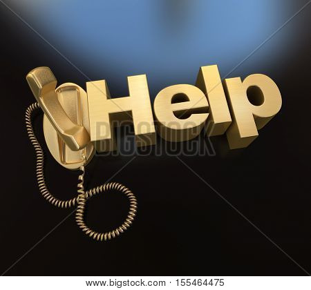 3D rendering of an unhooked golden telephone with the word help