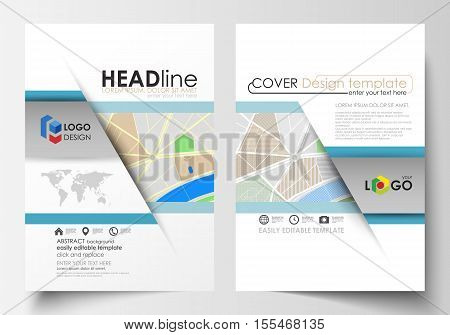 Business templates for brochure, magazine, flyer, booklet or annual report. Cover design template, easy editable blank, abstract flat layout in A4 size. City map with streets. Flat design template for tourism businesses, abstract vector illustration.