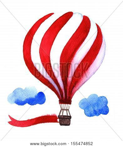 Watercolor hot air balloon. Hand drawn vintage air balloons with flag. Illustration isolated on white background. Celebration festive background with balloons. Perfect for invitationsposters and cards