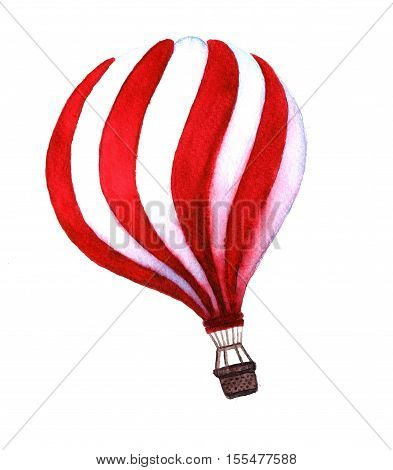 Watercolor hot air balloon. Hand drawn vintage air balloons with flag. Illustration isolated on white background. Celebration festive background with balloons. Perfect for invitationsposters and cards
