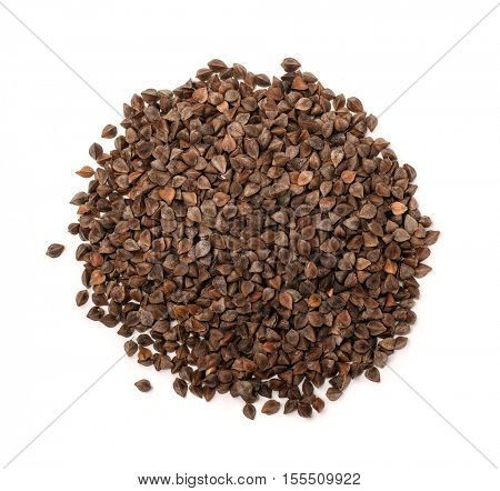Top view of unhulled buckwheat pile isolated on white
