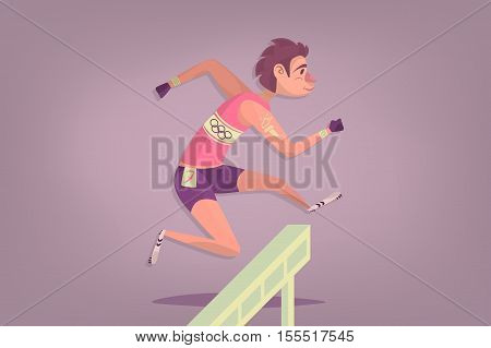 Comic hurdler sportsman. Cartoon Athletics Hurdle Jumping.