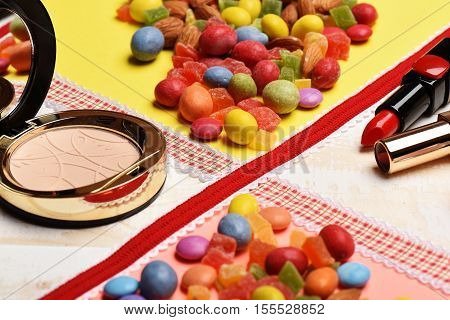 Children`s Cosmetic On Colorful Background