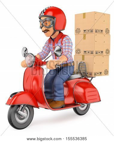 3d working people illustration. Courier delivery man delivering a package by scooter motorcycle. Isolated white background.