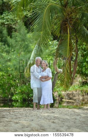 Happy elderly couple rest at tropical beac