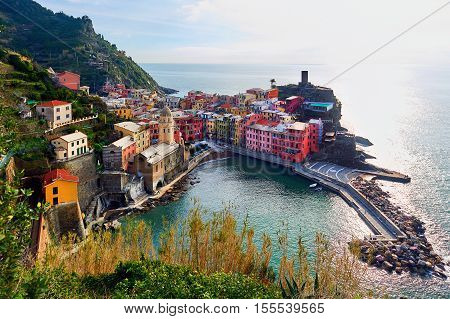 Aerial view to the Vernazza. Small coastal village in the Italian region of Liguria Cinque Terre. Province of La Spezia. UNESCO World Heritage List. Italy
