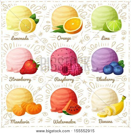 Set of cartoon vector icons isolated on white background. Ice cream scoops with different fruit and berry flavors. Lemon, orange, lime, strawberry, raspberry, blueberry, mandarine, watermelon, banana