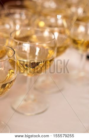 The Wedding Banquet. Banquet In The Restaurant. Glasses Of Champagne In Several Rows On A Mirror Tra