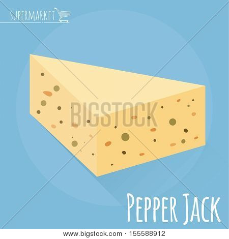 Flat design Pepper Jack cheese vector icon  on light blue background with long shadow