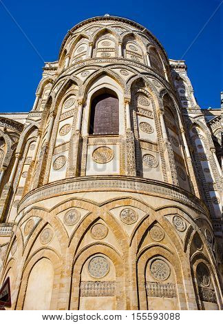 View apses Monreale Cathedral (Duomo di Monreale) near Palermo Sicily Italy. UNESCO Heritage site
