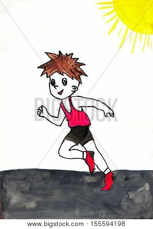 Illustration of a boy running. Drawing on paper.