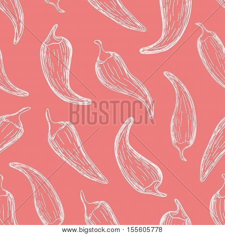 Hand drawn outline chili peppers pattern on redbackground. Pattern in swatches.
