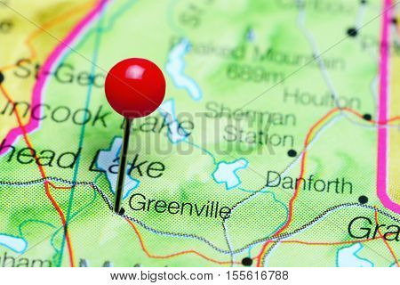Greenville pinned on a map of Maine, USA