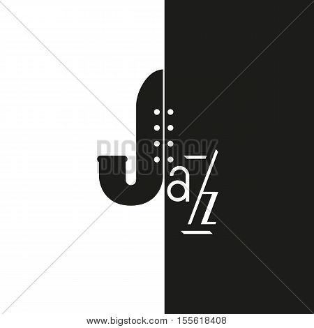 Vintage music icon concept. Freehand drawn style jazz logo. Black white musical instrument emblem. Stylized symbol of saxophone. Abstract sax sign for festival banner background. Vector illustration