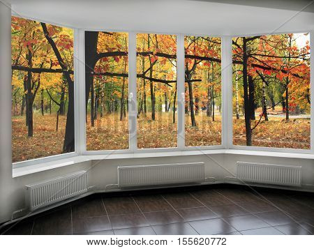 big panoramic windows with view to oaken autumnale forest