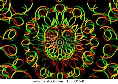 glowing red green curved lines and sircles flowers over blue Abstract Background. seamless Illustration pattern.