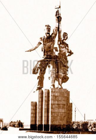 Moscow Russia - July 1962: Worker and Kolkhoz Woman Monument.