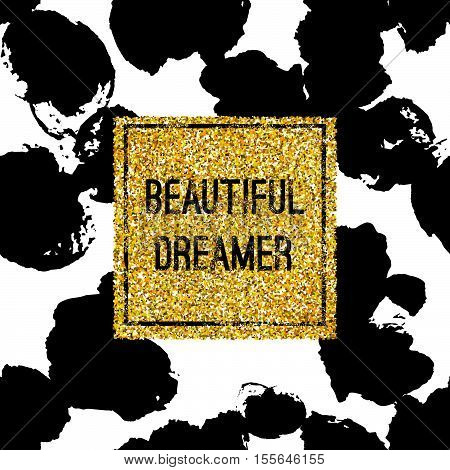 Vector postcard with gold glitter and inscription. Black and white vector postcard template with gold glitter and pattern.