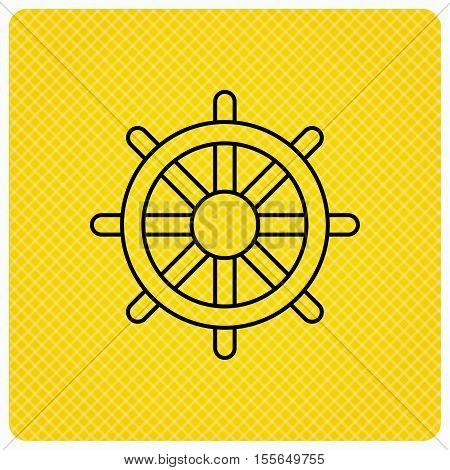 Ship steering wheel icon. Captain rudder sign. Sailing symbol. Linear icon on orange background. Vector