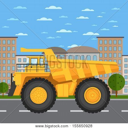 Big yellow mining truck on road in city vector illustration. Urban cityscape background with skyscrapers. Modern dump truck side view. Vehicle for cargo transportation. Mining industry