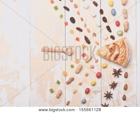 Slice Of Apple Pie On Vintage Wooden Background