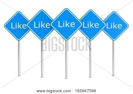 Group of blue rectangle road signes with text like isolated on white. 3D illustration