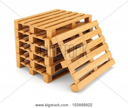 Stack of wooden pallets isolated on white background. Cargo shipping and warehouse concept. 3D illustration