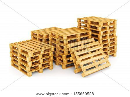 Stack of wooden pallets isolated on white background. Cargo shipping and warehouse concept. 3D illustration