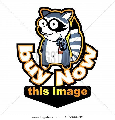 Happy raccoon with a gun in his hand