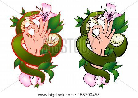tattoo vector illustration with hand and a snake. The hand shows ok.