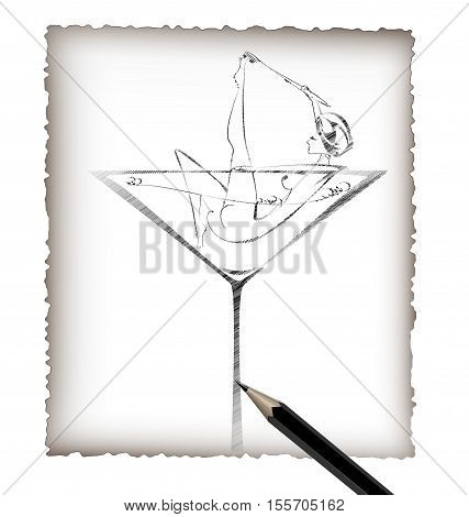 white background, black pencil, sheet of white paper and the image of abstract bathing dame