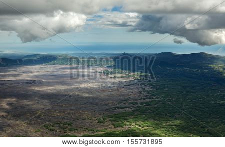 Caldera volcano Maly Semyachik. Kronotsky Nature Reserve on Kamchatka Peninsula. View from helicopter.