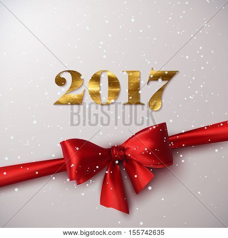 Happy New 2017 Year. Holiday Vector Illustration Of Happy New 2017 Year Label With Golden Paint Texture, Red Satin Ribbon, Bow And Snowflakes