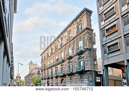 PALERMO ITALY - OCTOBER 2 2012: The scenic flat building in one of the central shopping city streets - Ruggero Settimo on October 2 in Palermo.